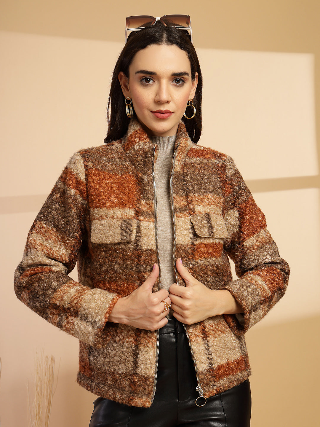 Orange Solid High Neck Jacket
