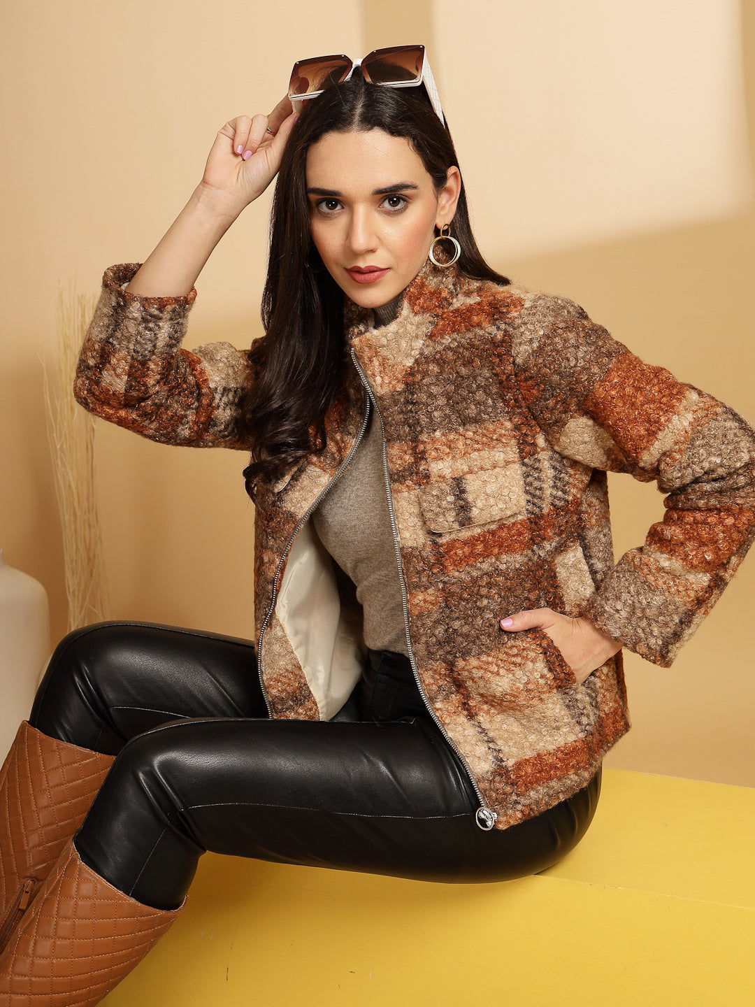 Orange Solid High Neck Jacket
