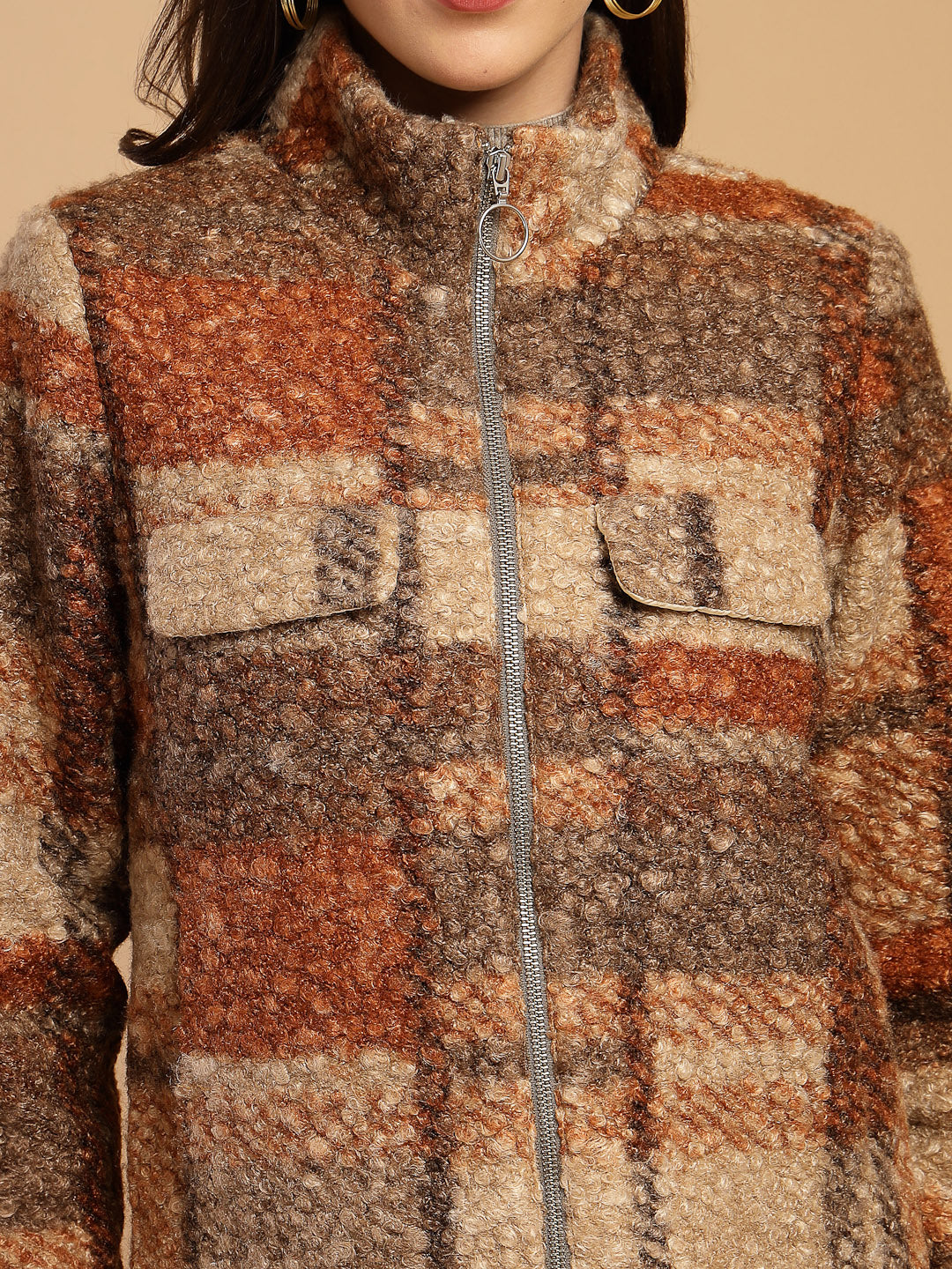 Orange Solid High Neck Jacket