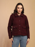 Maroon Solid Shirt Collar Button Jacket
