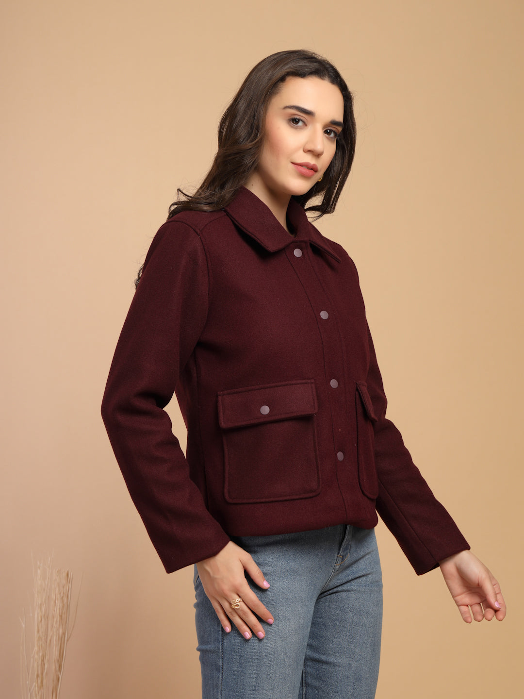 Maroon Solid Shirt Collar Button Jacket