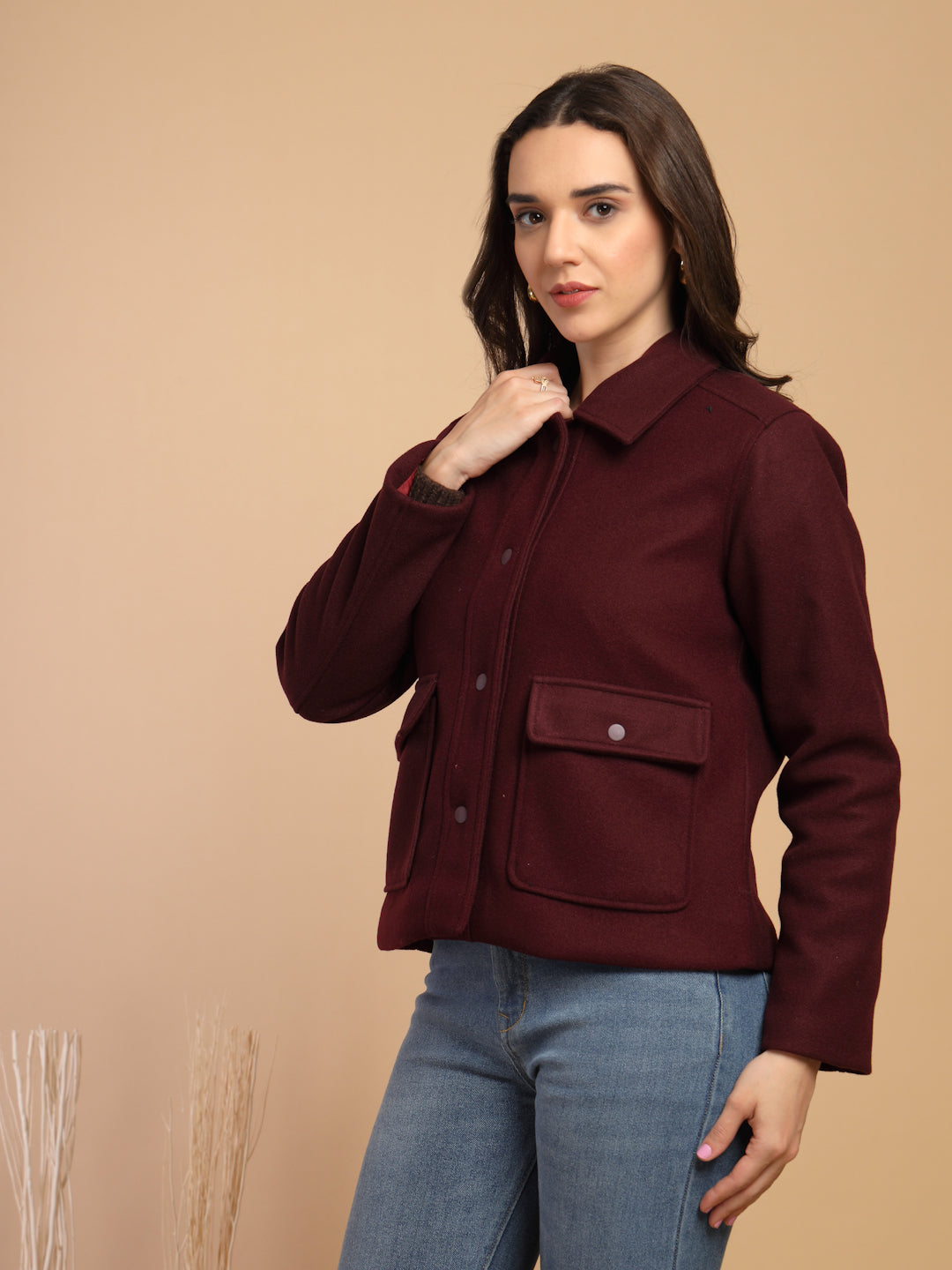 Maroon Solid Shirt Collar Button Jacket