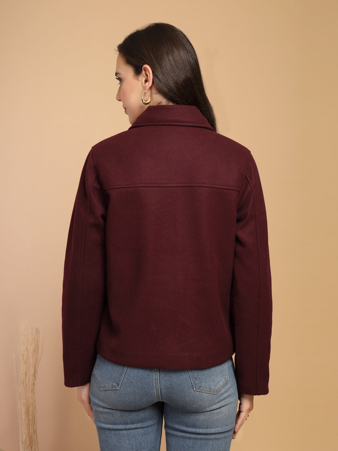 Maroon Solid Shirt Collar Button Jacket