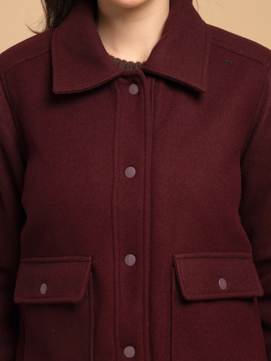 Maroon Solid Shirt Collar Button Jacket