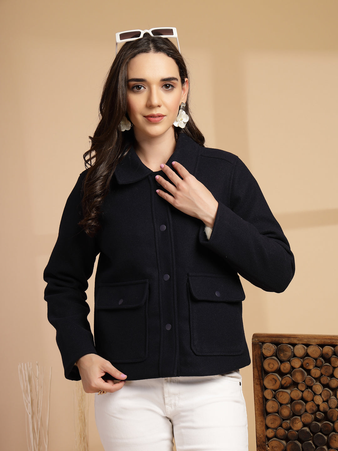 Navy Blue Solid Shirt Collar Button Jacket