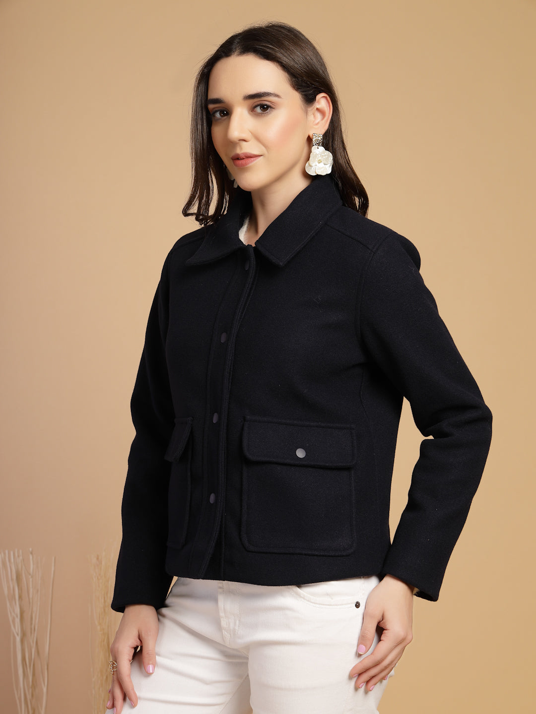 Navy Blue Solid Shirt Collar Button Jacket