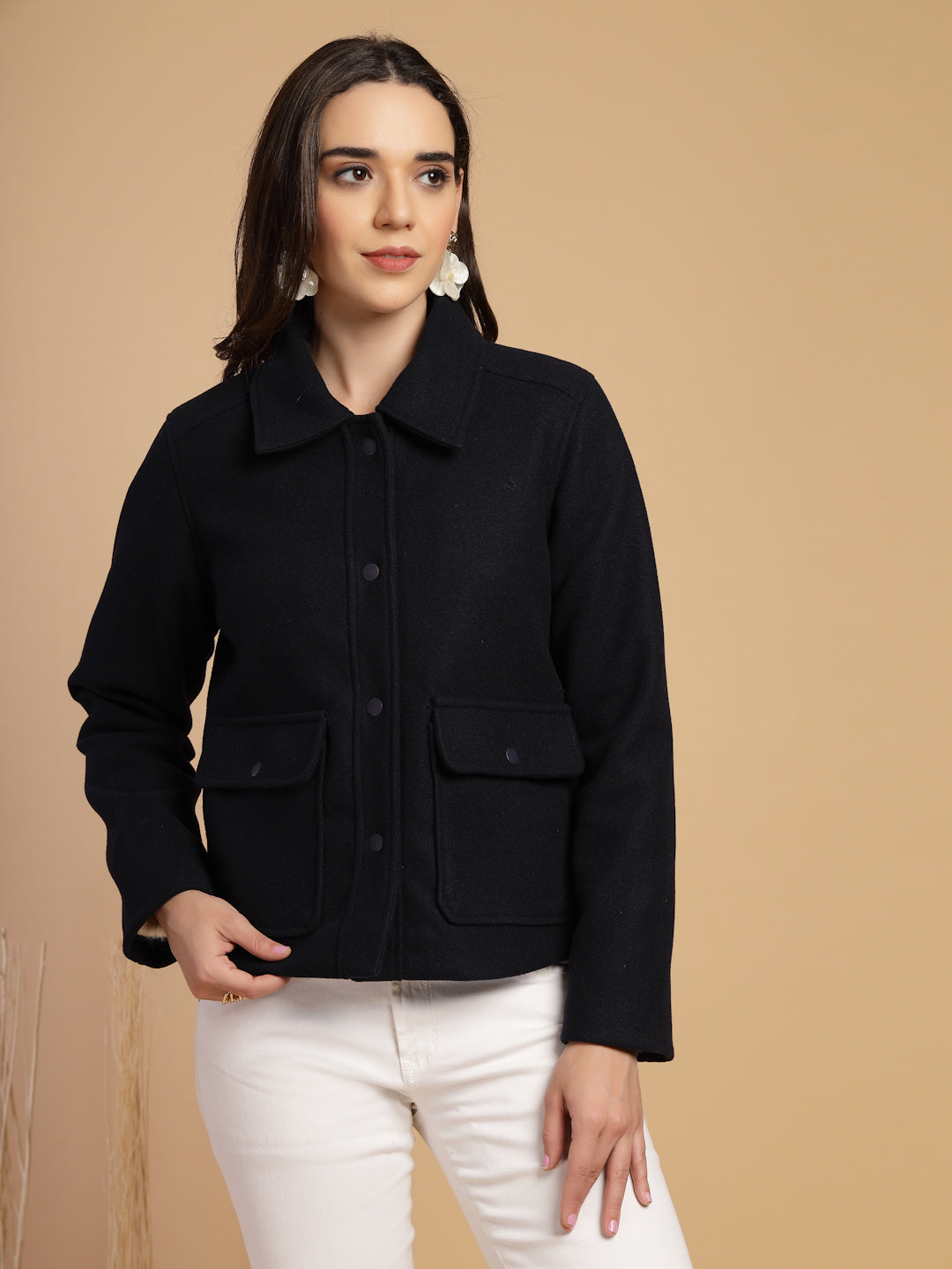 Navy Blue Solid Shirt Collar Button Jacket