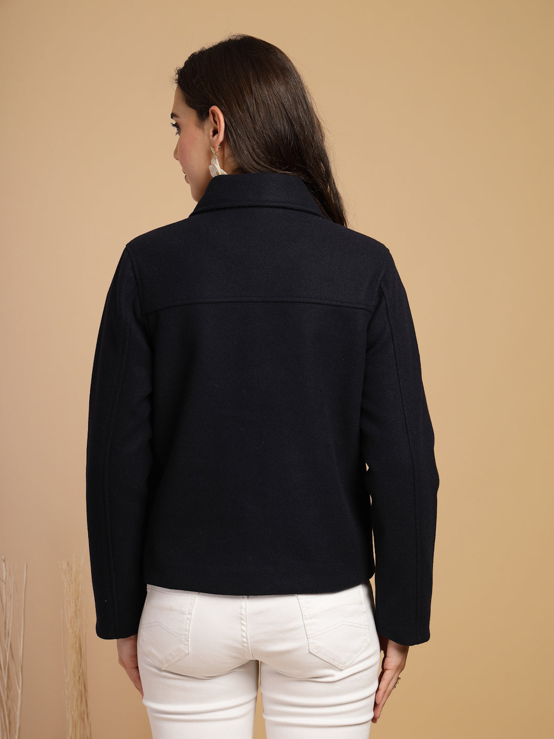 Navy Blue Solid Shirt Collar Button Jacket