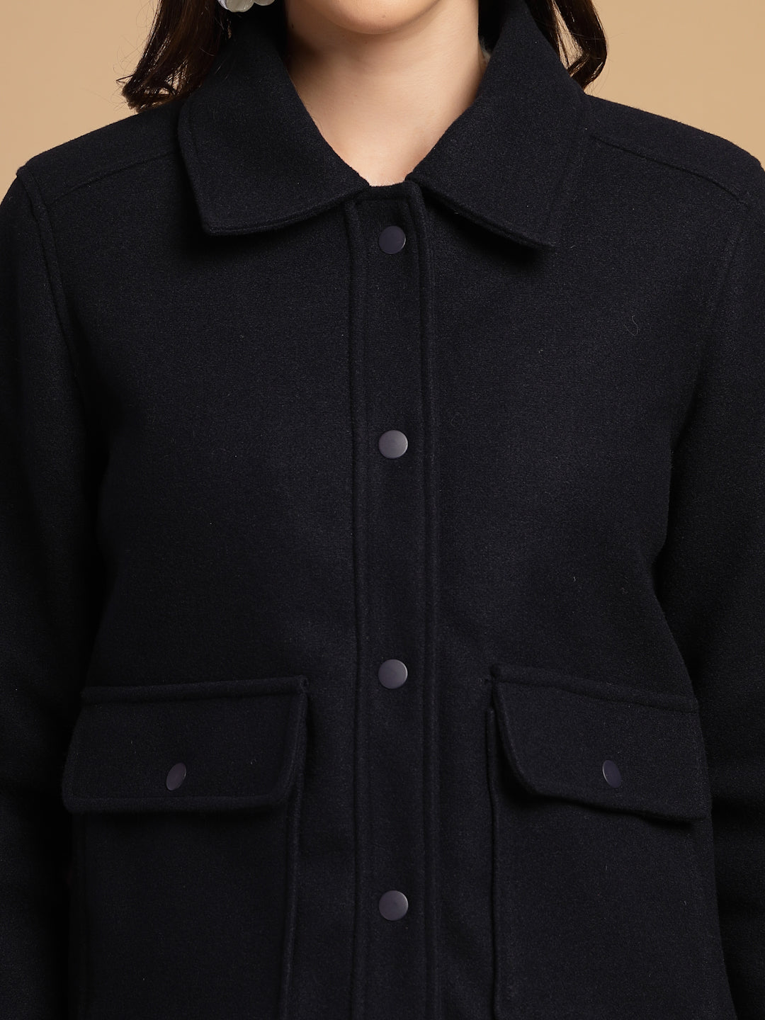 Navy Blue Solid Shirt Collar Button Jacket