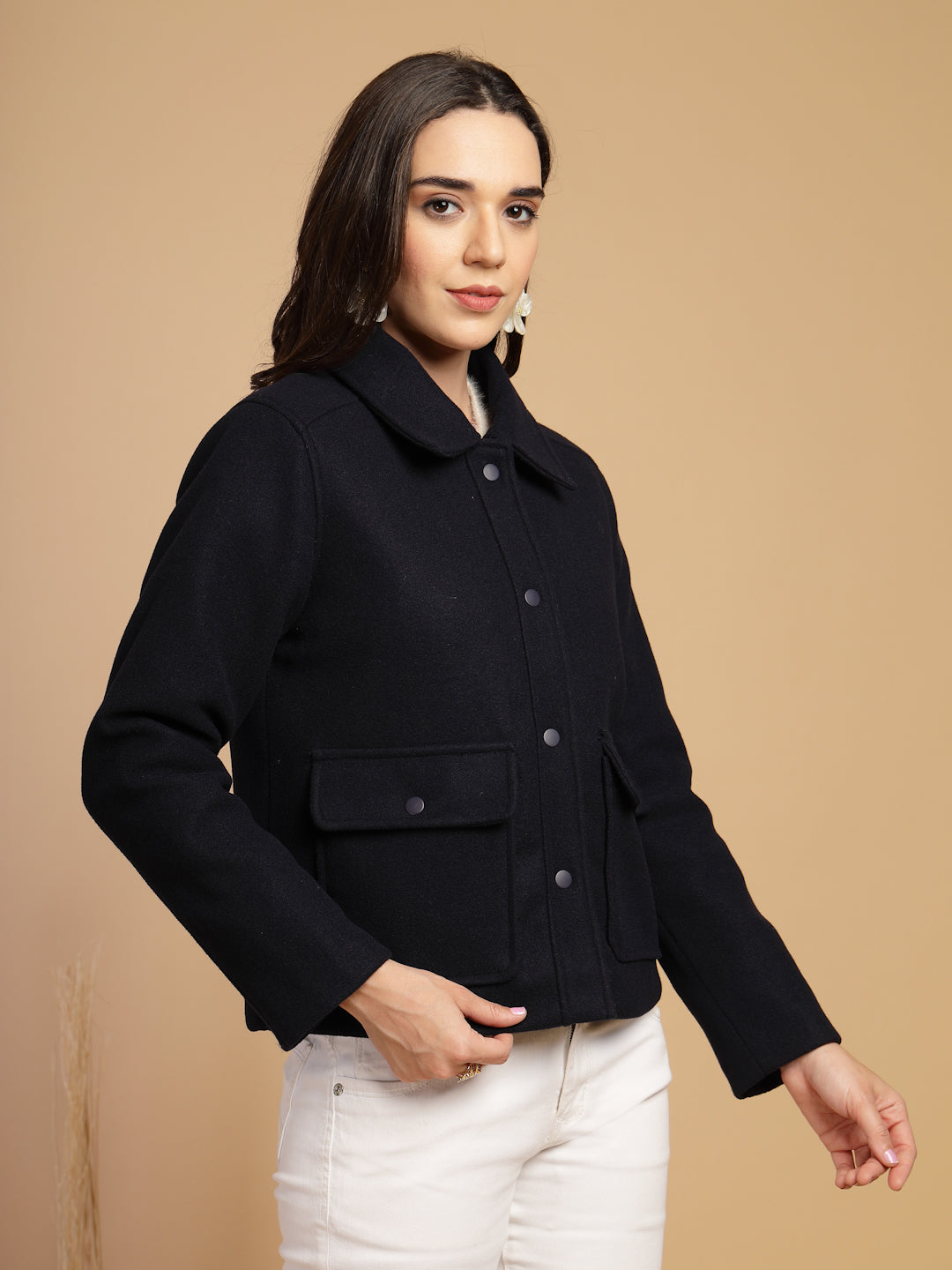 Navy Blue Solid Shirt Collar Button Jacket