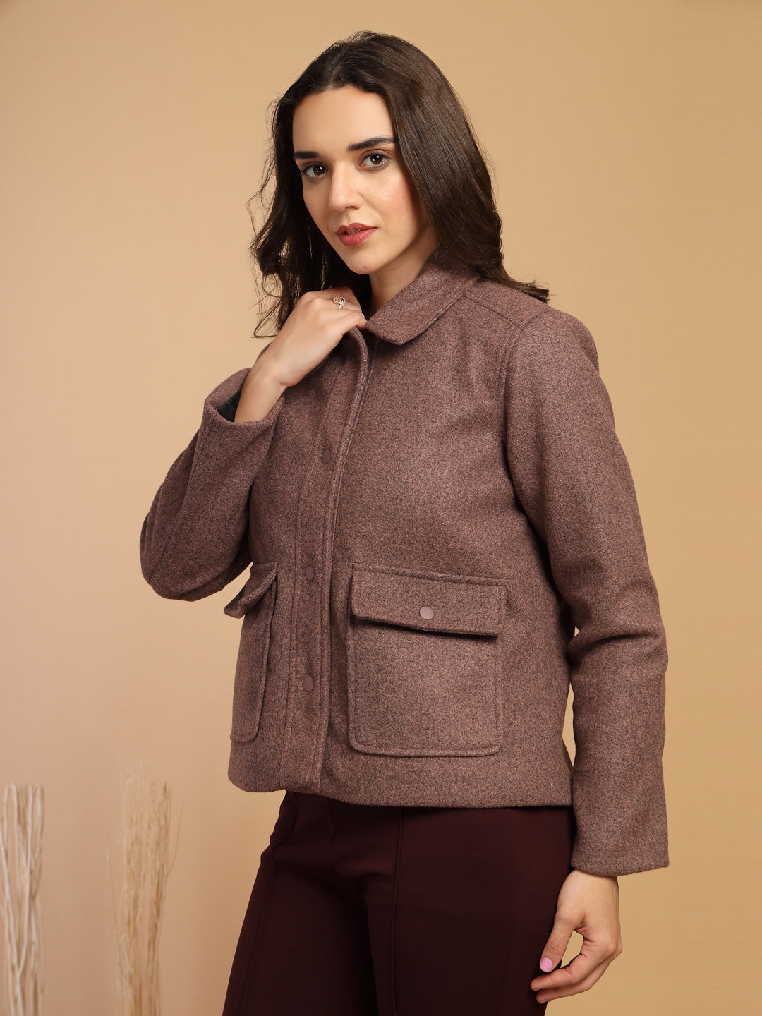 Pink Solid Shirt Collar Button Jacket