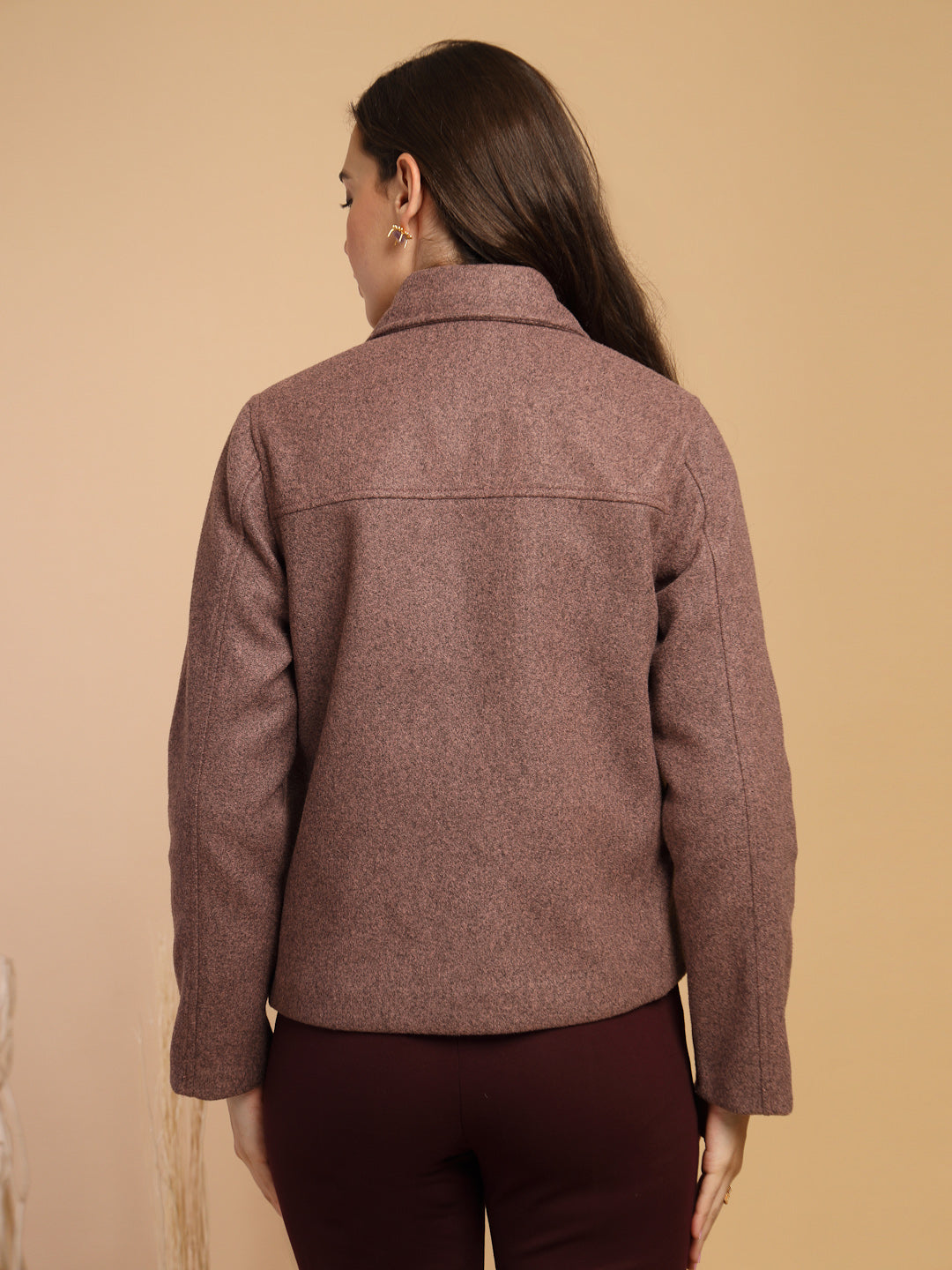 Pink Solid Shirt Collar Button Jacket