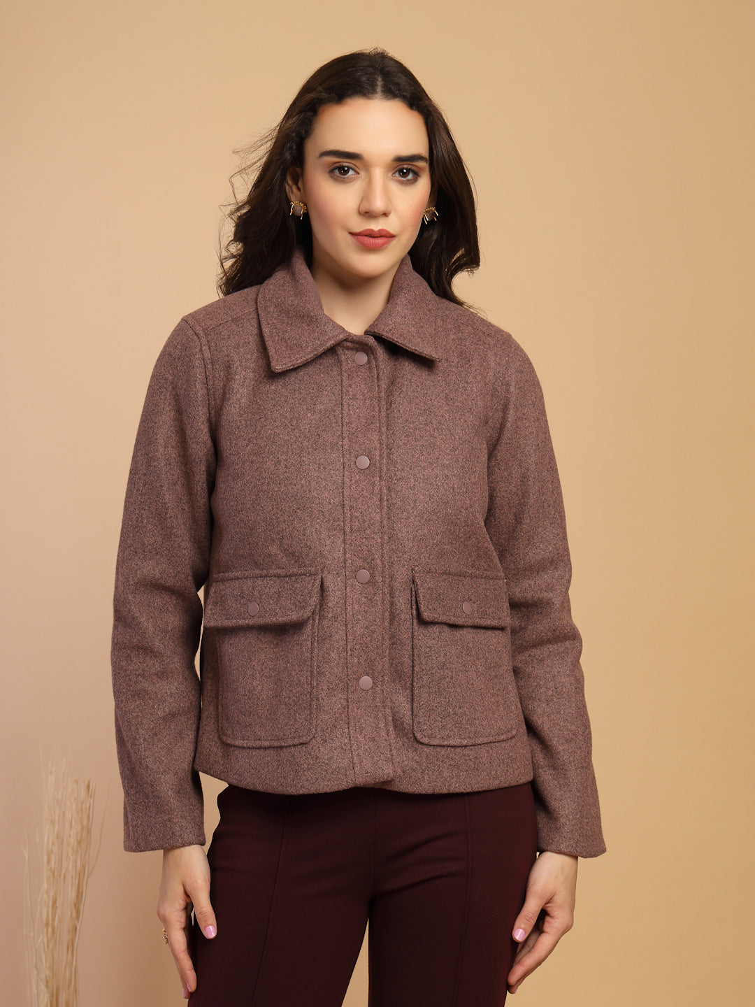 Pink Solid Shirt Collar Button Jacket