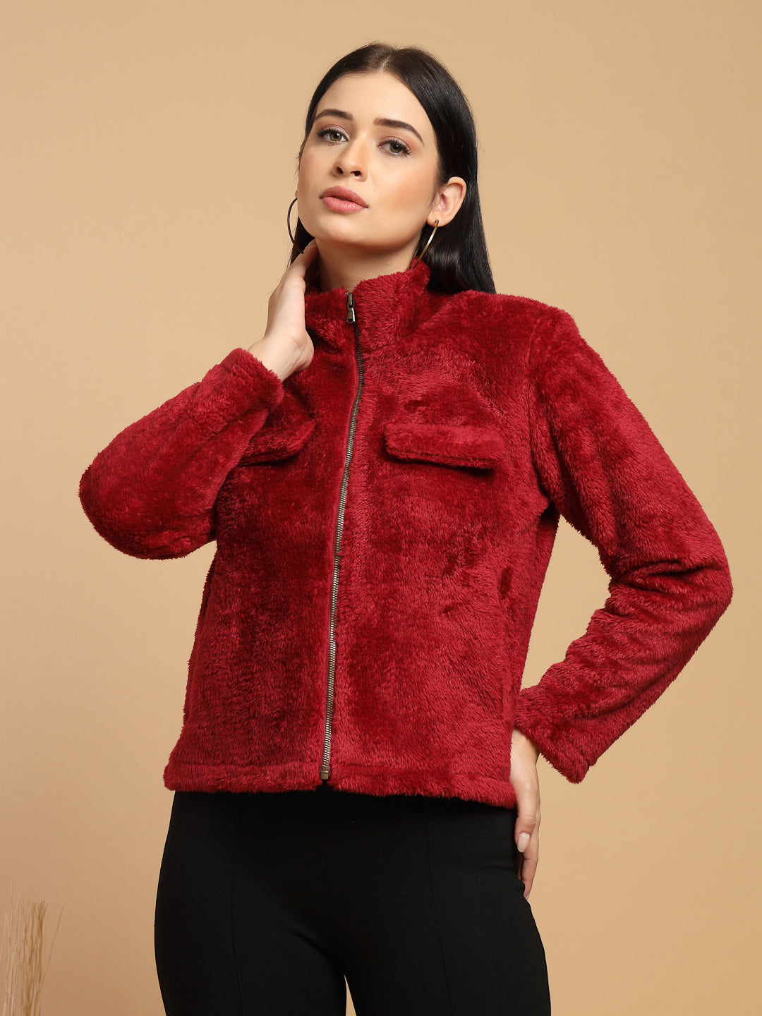Maroon Solid High Neck Jacket