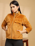 Tan Solid High Neck Jacket
