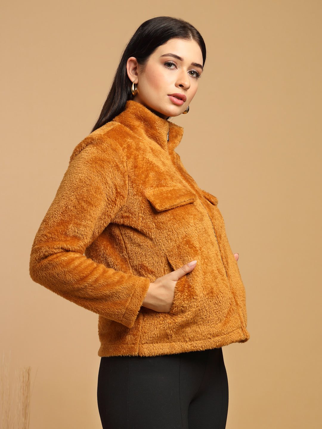 Tan Solid High Neck Jacket