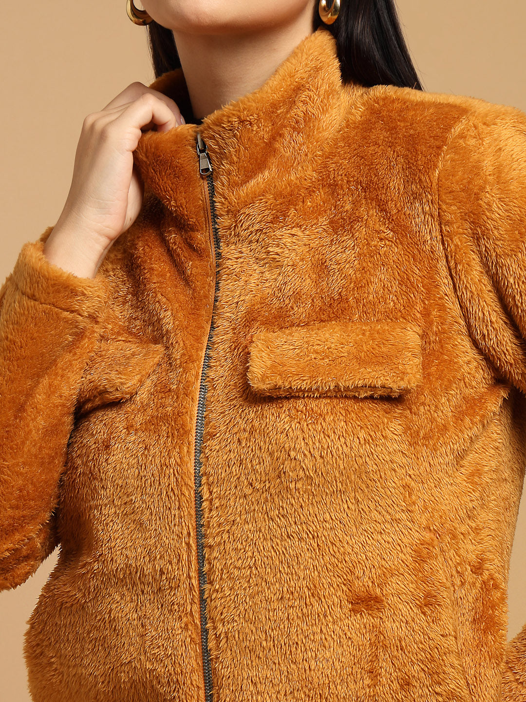 Tan Solid High Neck Jacket
