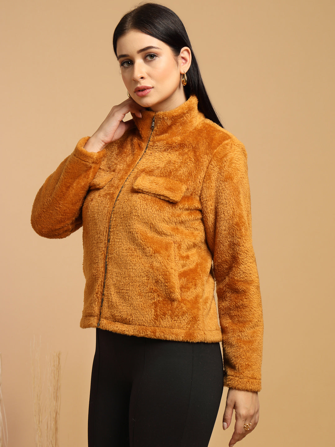 Tan Solid High Neck Jacket
