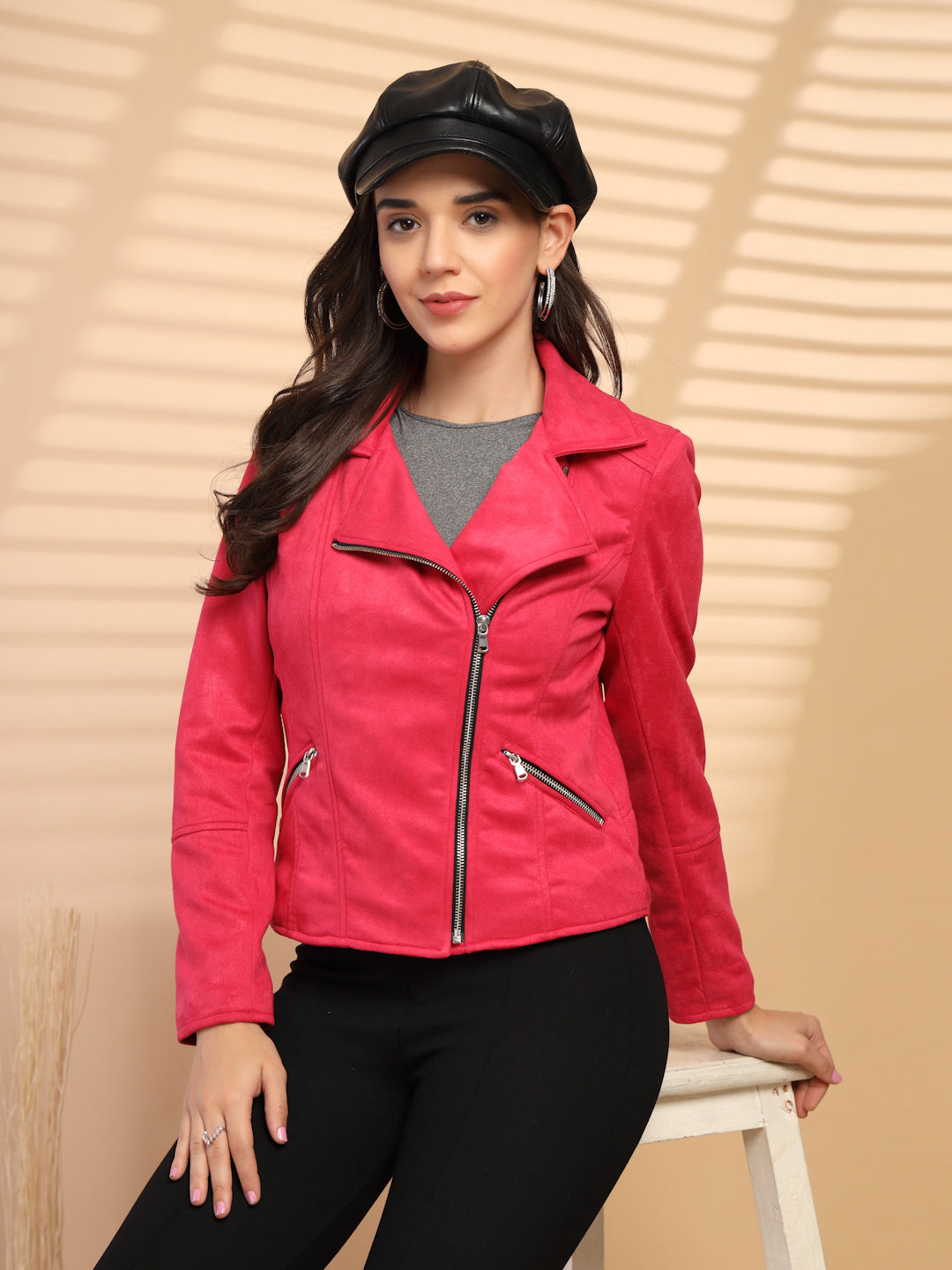 Pink Solid Shirt Collar Jacket