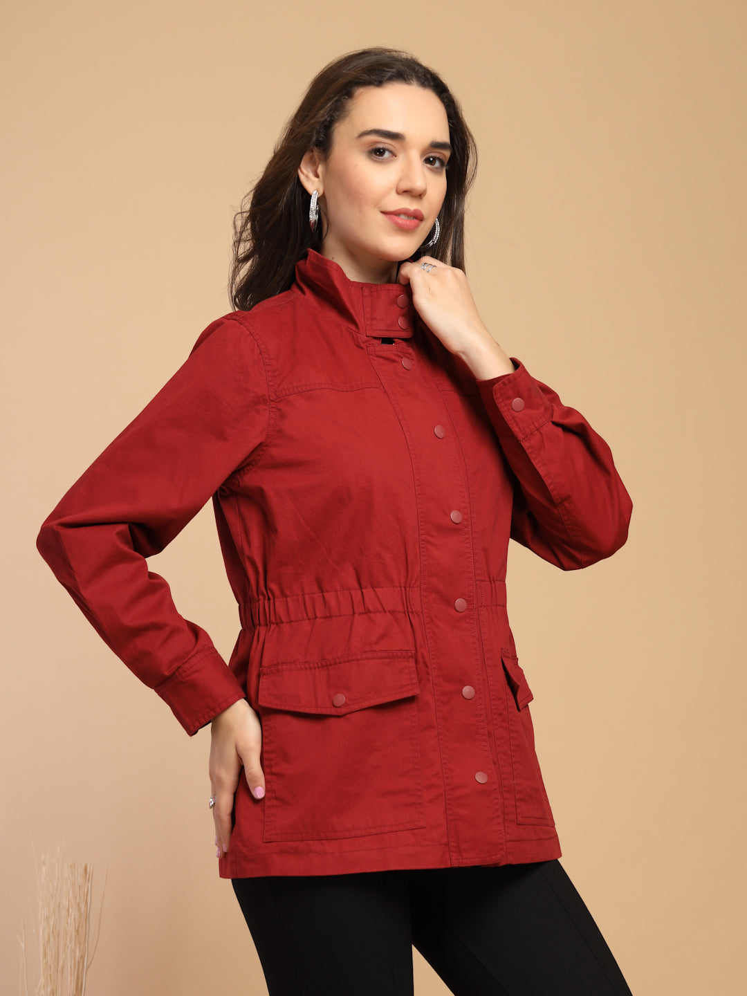 Maroon Solid High Neck Jacket