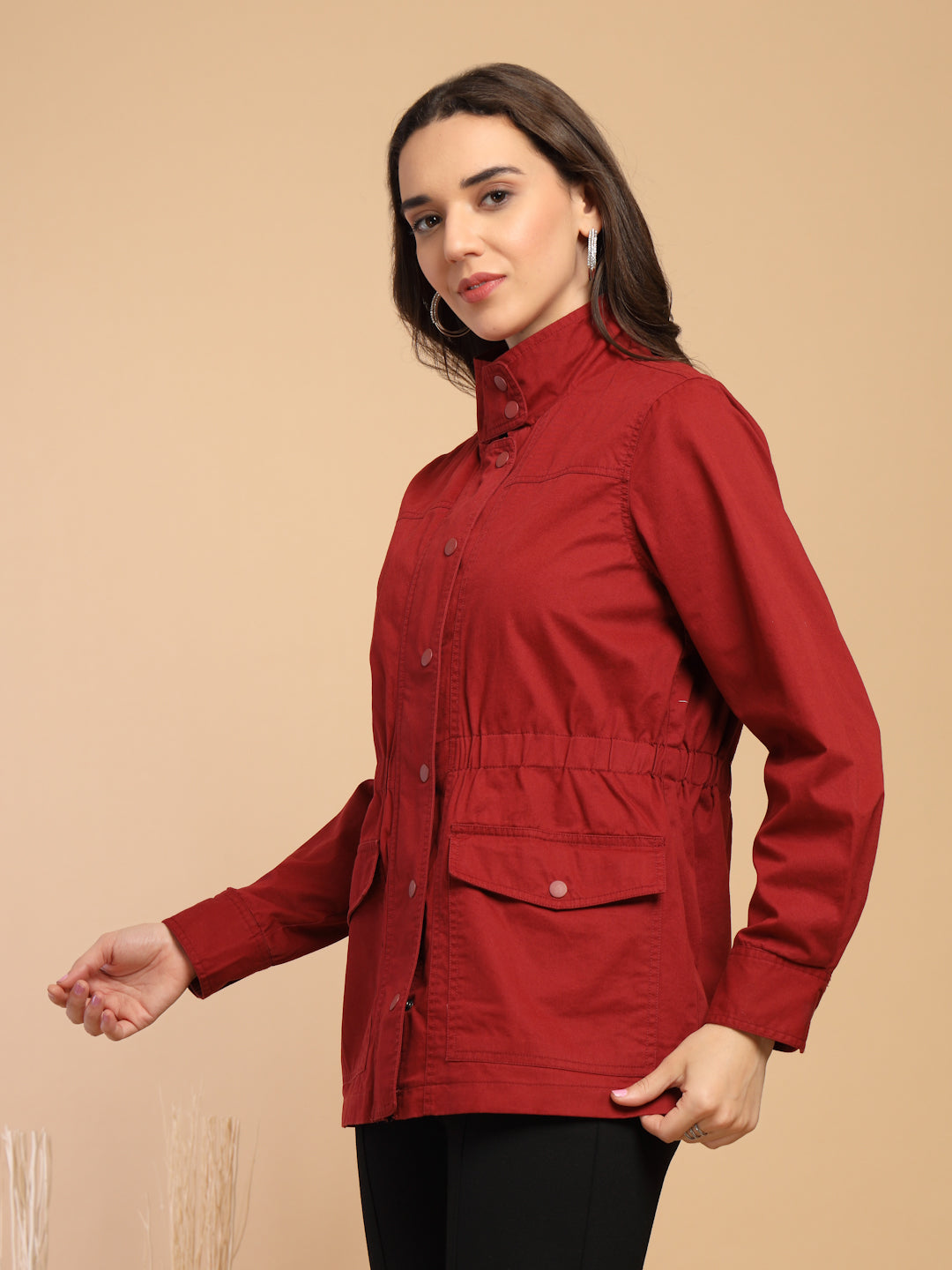 Maroon Solid High Neck Jacket