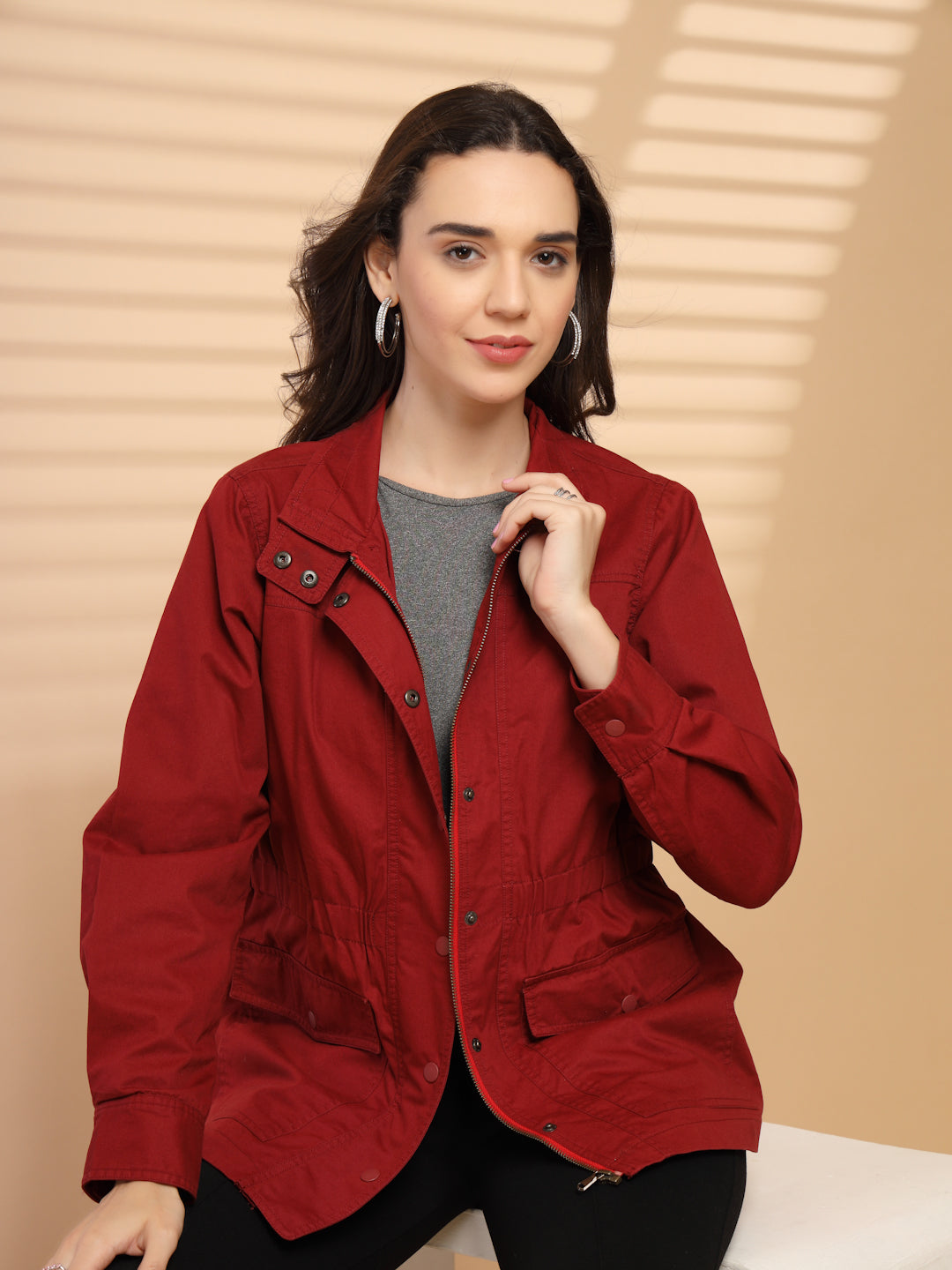 Maroon Solid High Neck Jacket