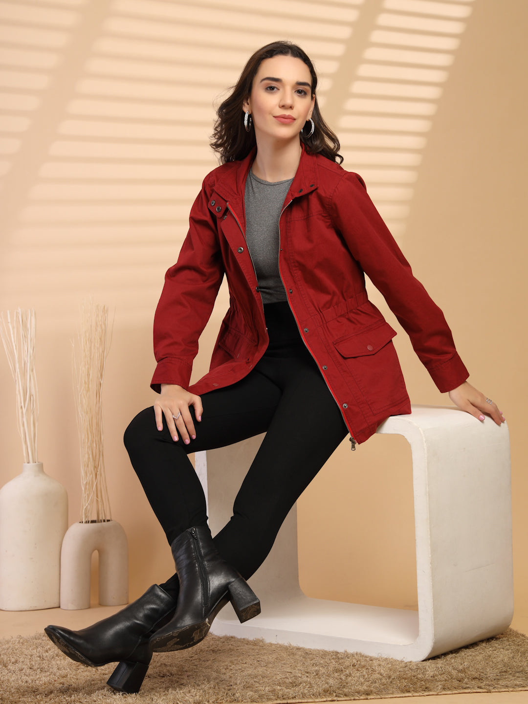 Maroon Solid High Neck Jacket