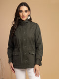 Olive Solid High Neck Jacket