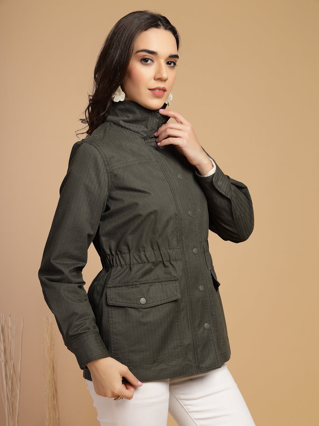 Olive Solid High Neck Jacket
