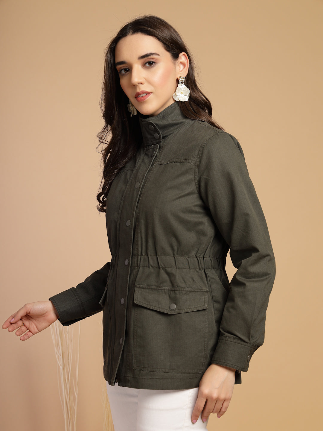 Olive Solid High Neck Jacket