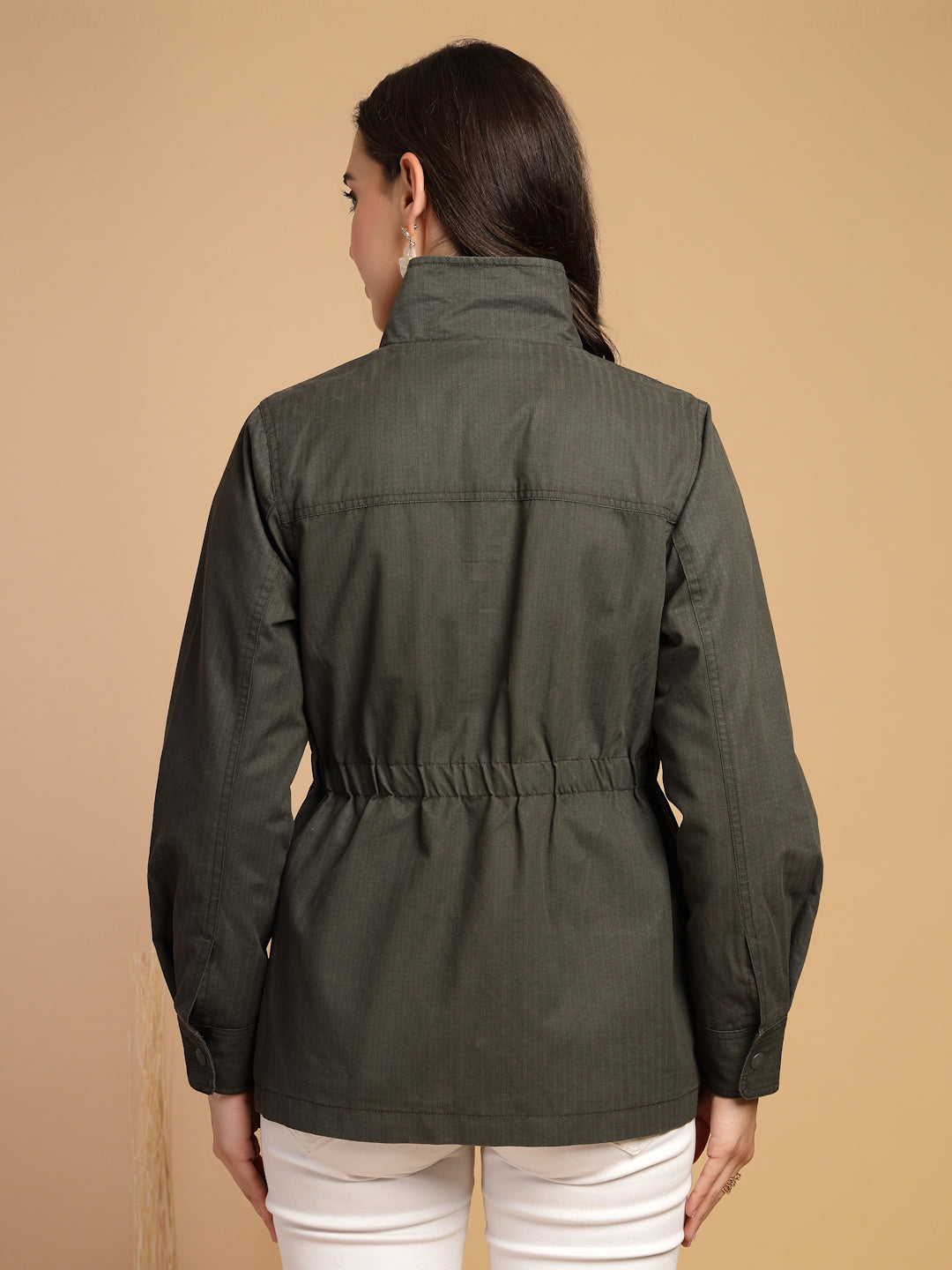Olive Solid High Neck Jacket
