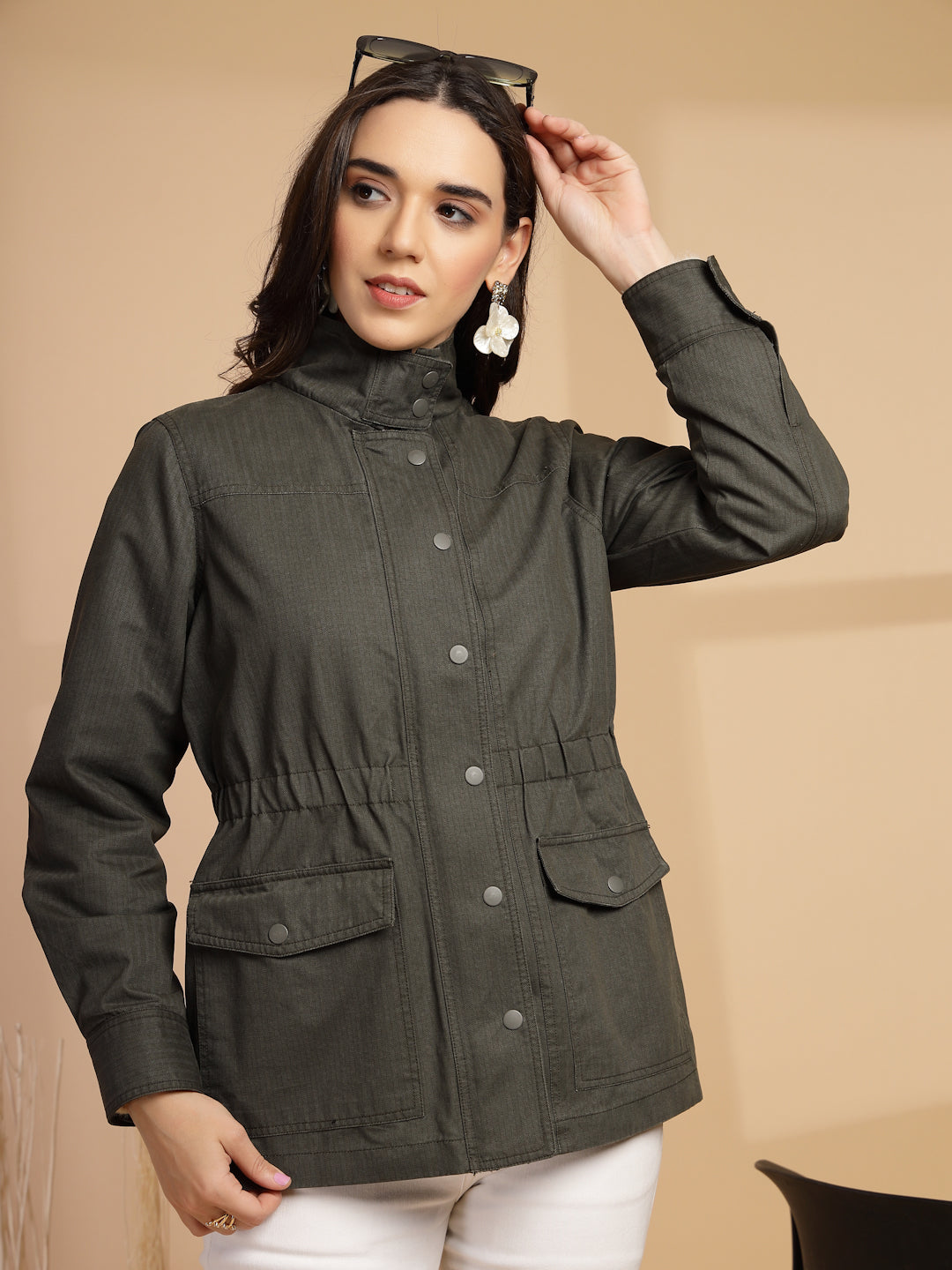 Olive Solid High Neck Jacket