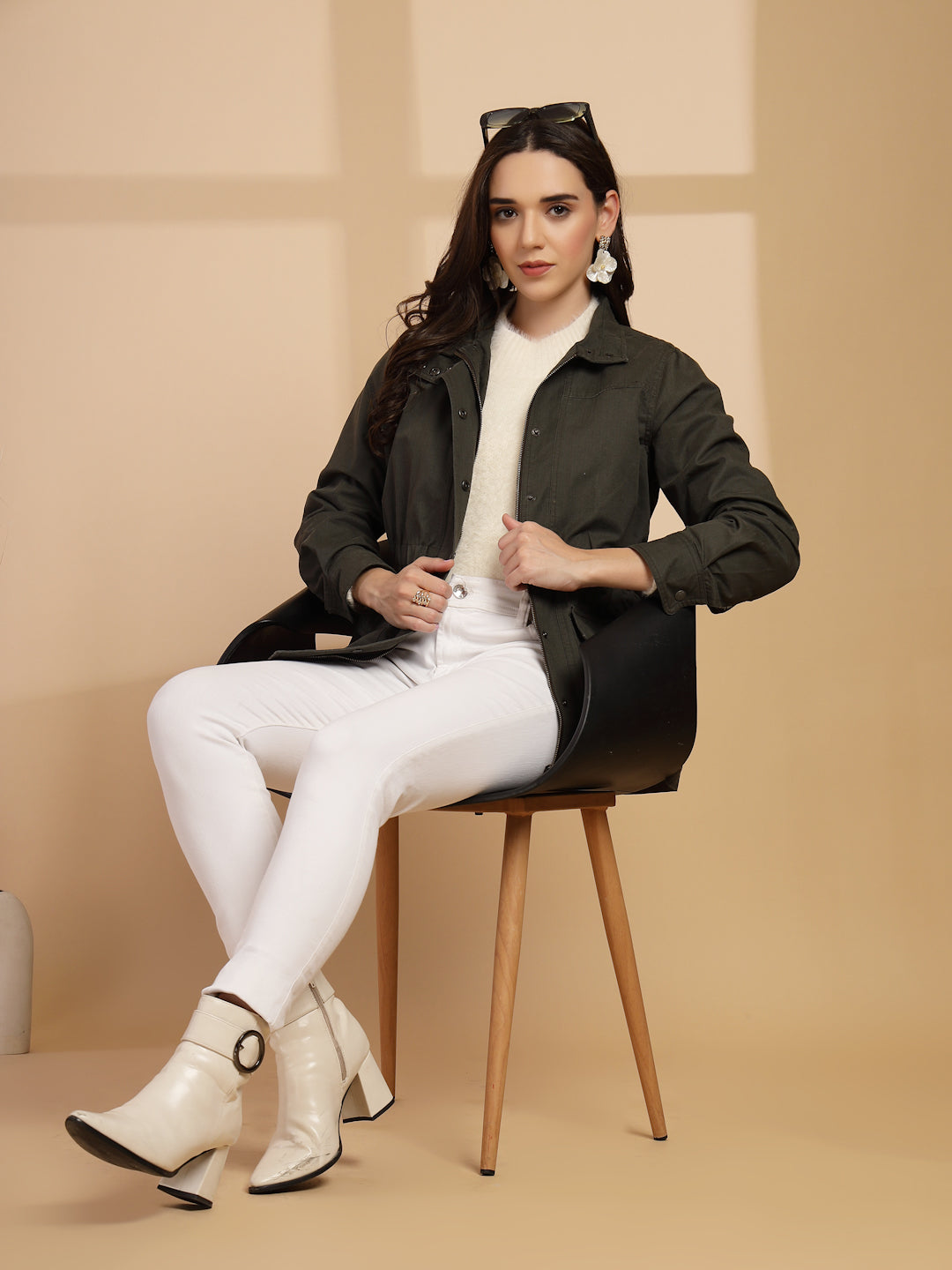 Olive Solid High Neck Jacket