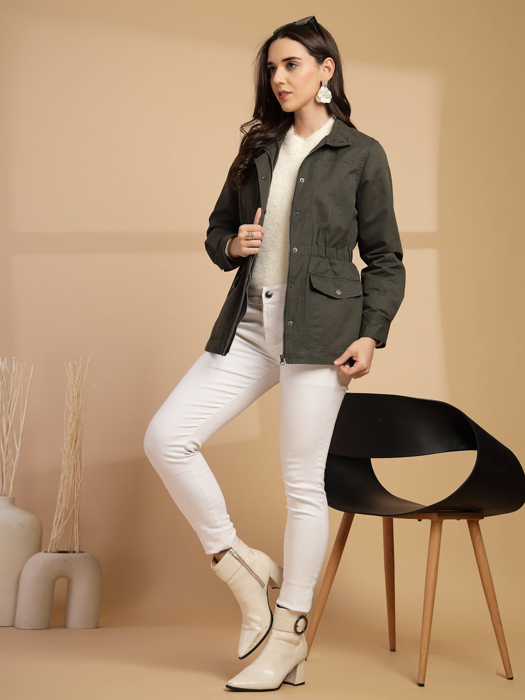 Olive Solid High Neck Jacket
