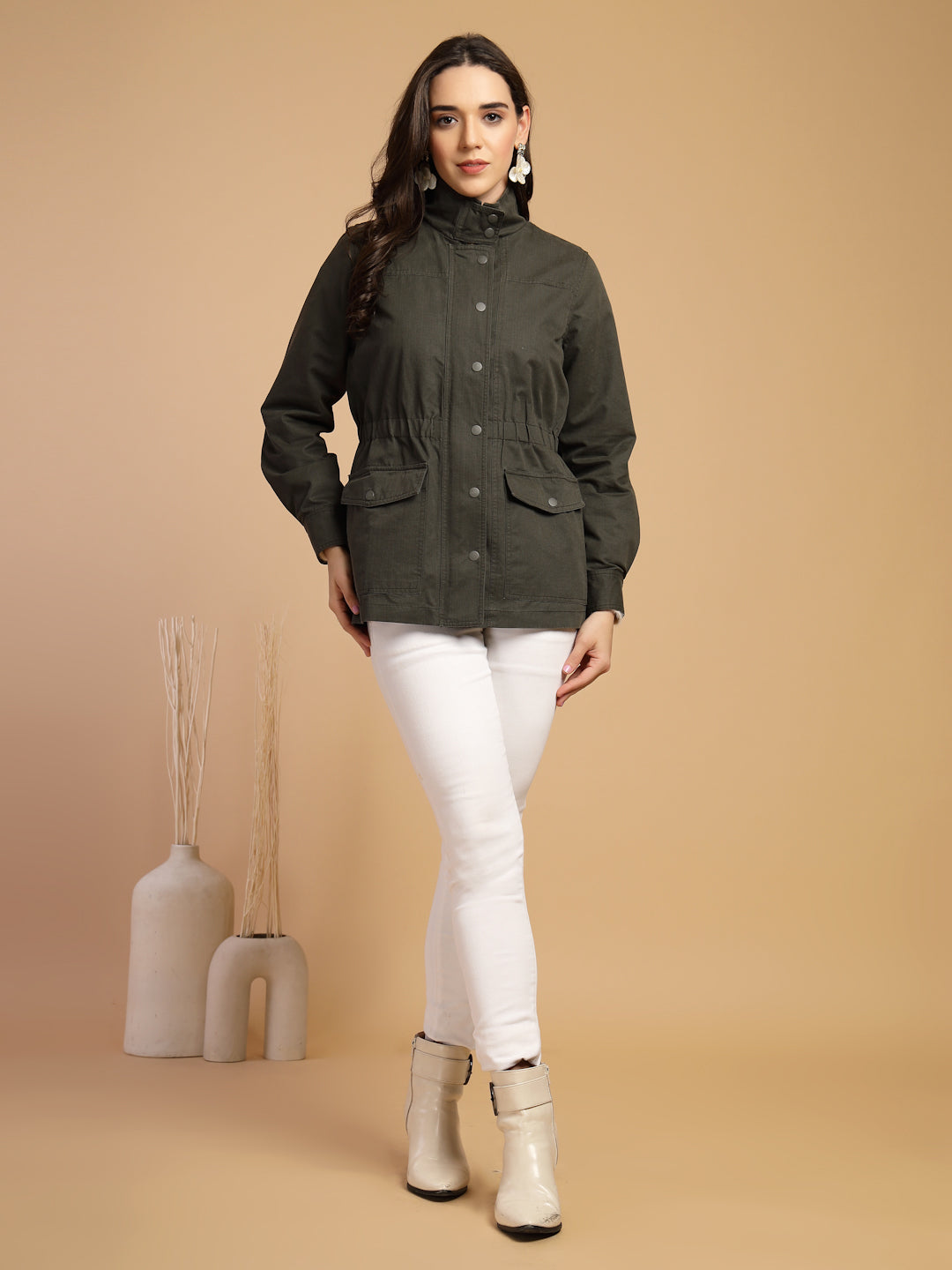 Olive Solid High Neck Jacket