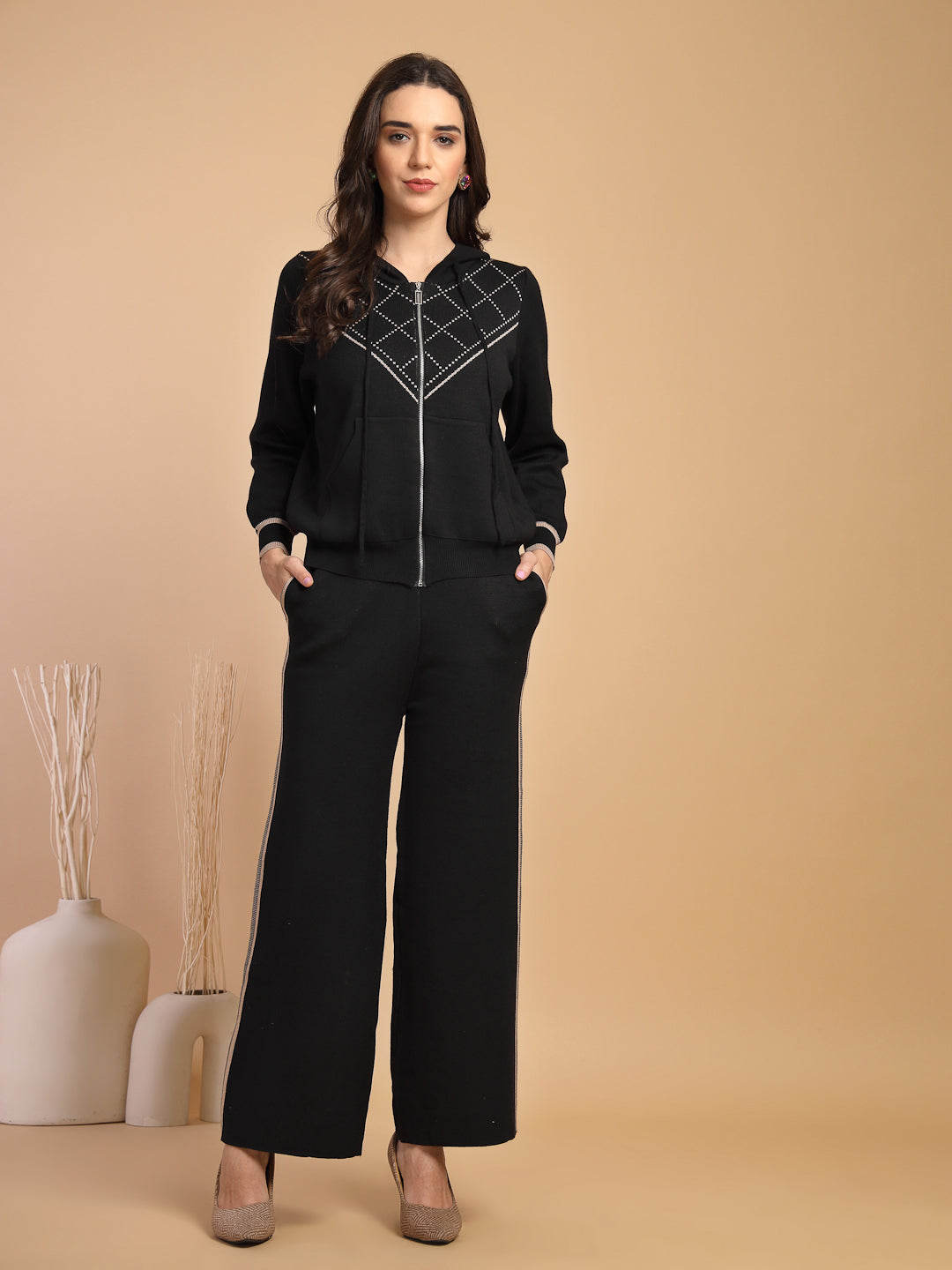 Black & Beige Regular Fit Co-ord Set For Gipsy Woman Stylish and Cozy Winter Collection