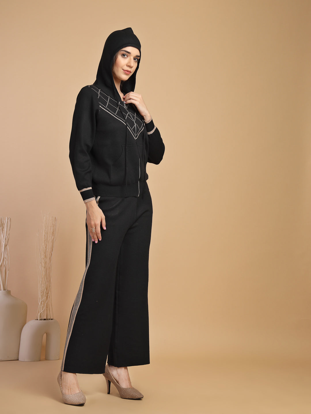 Black & Beige Regular Fit Co-ord Set For Gipsy Woman Stylish and Cozy Winter Collection