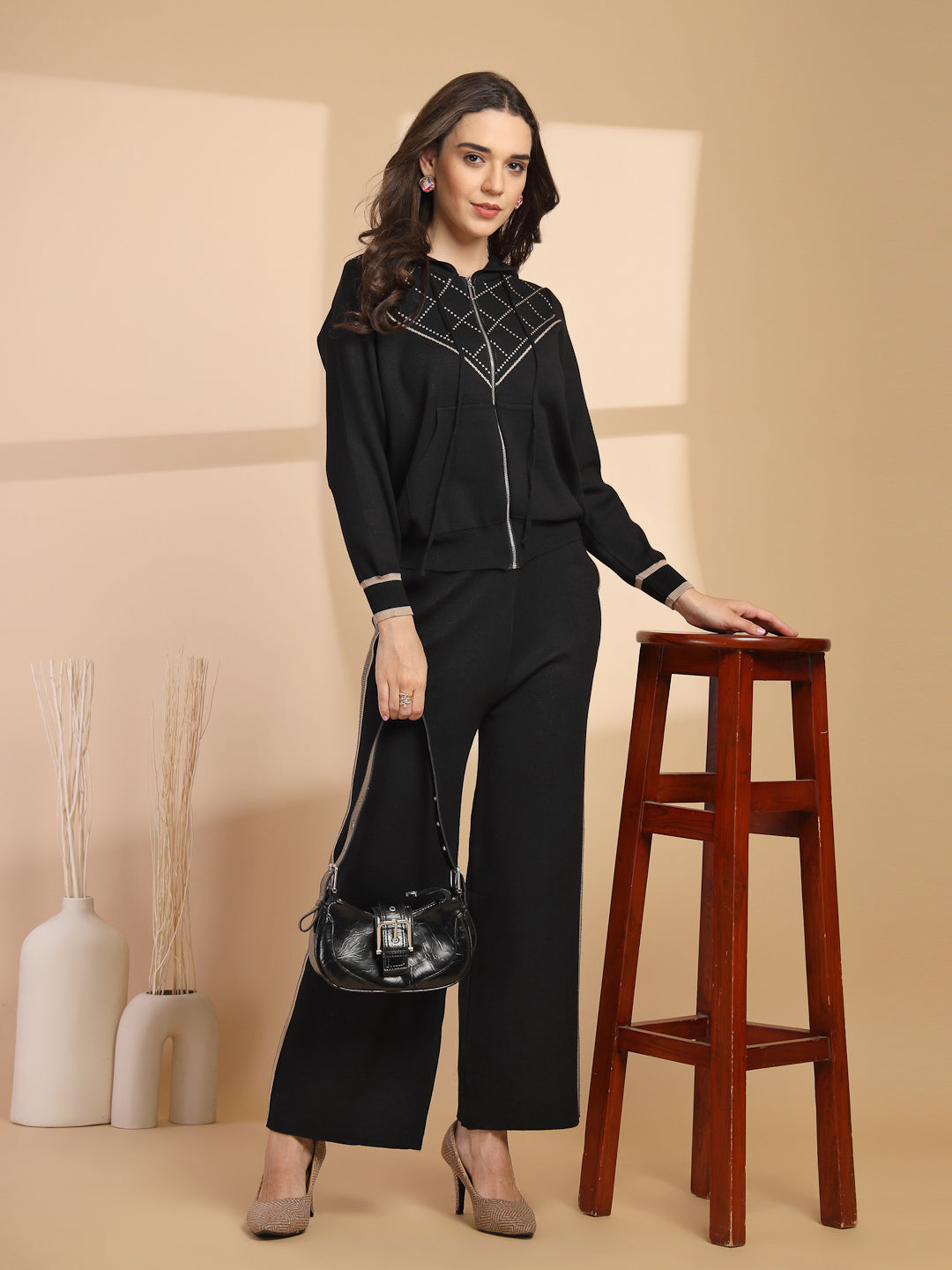 Black & Beige Regular Fit Co-ord Set For Gipsy Woman Stylish and Cozy Winter Collection