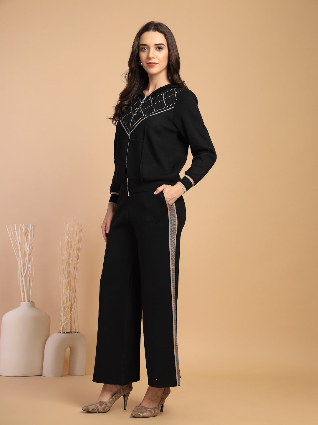 Black & Beige Regular Fit Co-ord Set For Gipsy Woman Stylish and Cozy Winter Collection