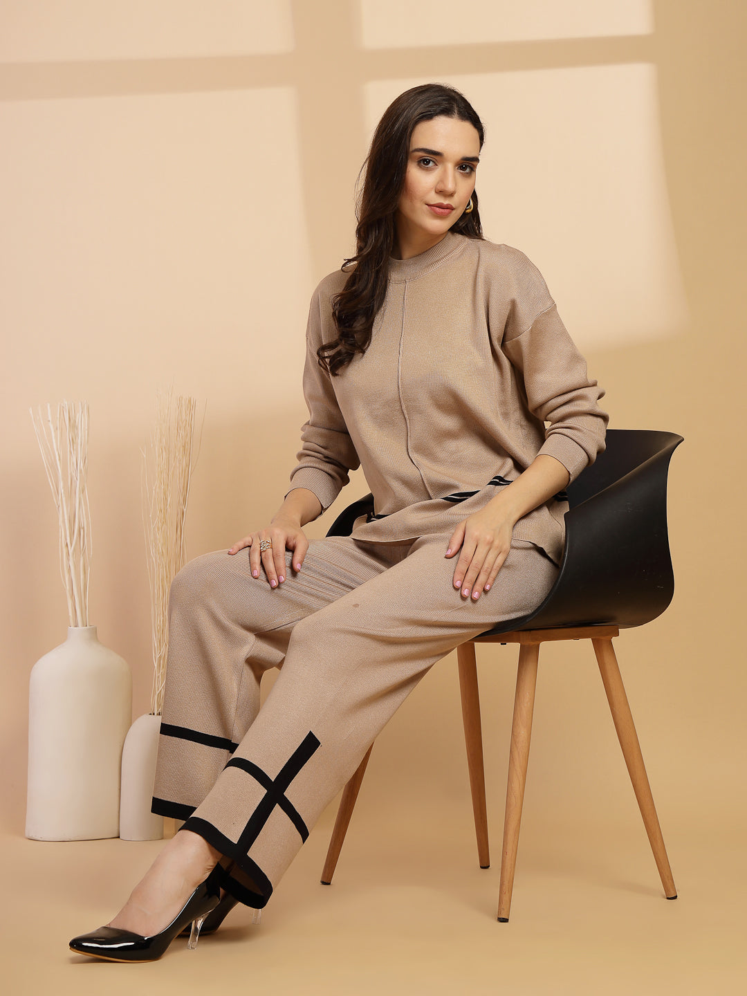 Beige & Black Regular Fit Co-ord Set For Gipsy Woman Stylish and Cozy Winter Collection