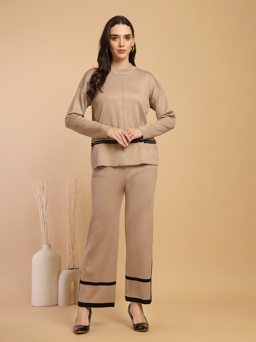 Beige & Black Regular Fit Co-ord Set For Gipsy Woman Stylish and Cozy Winter Collection