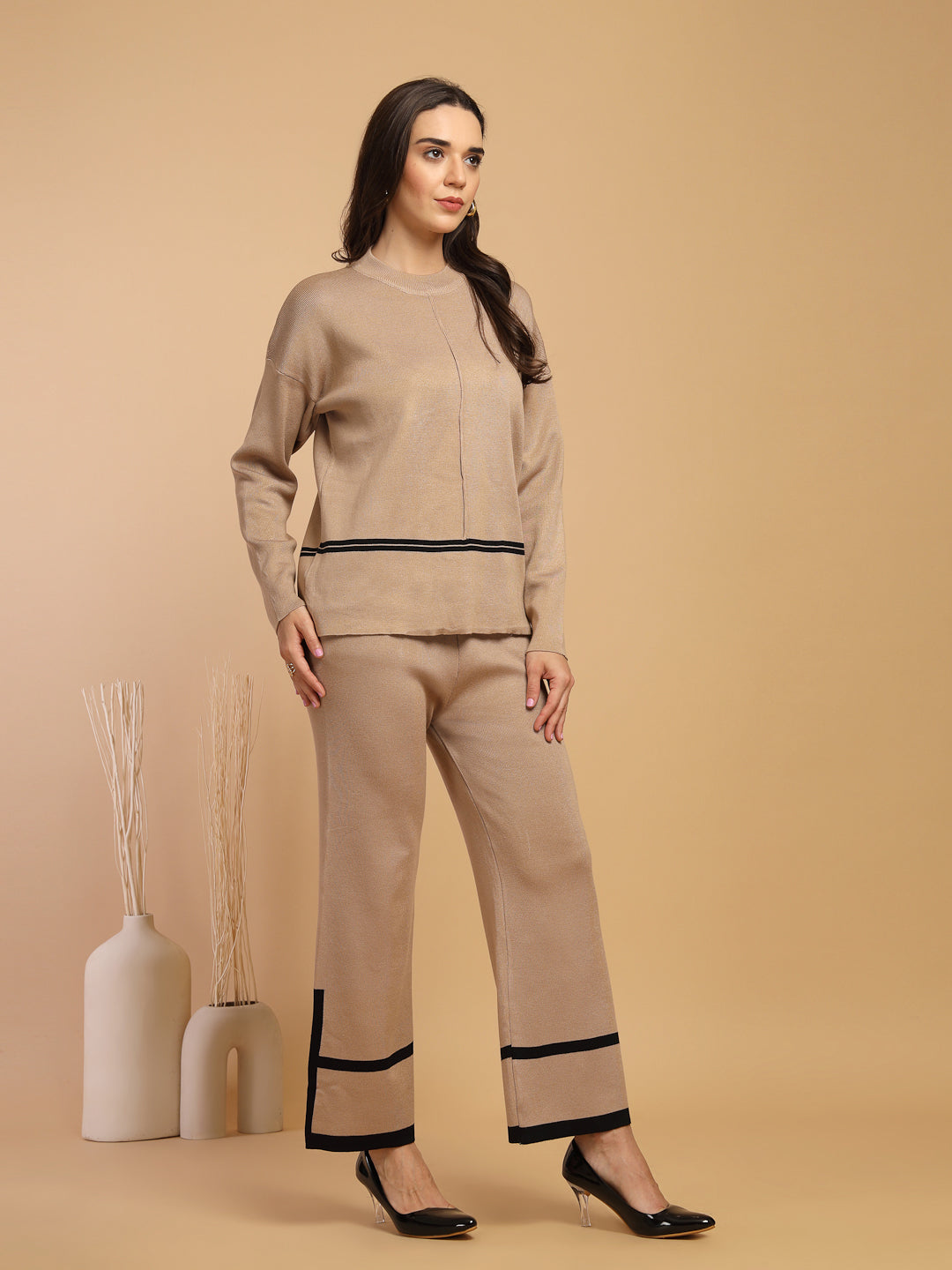 Beige & Black Regular Fit Co-ord Set For Gipsy Woman Stylish and Cozy Winter Collection