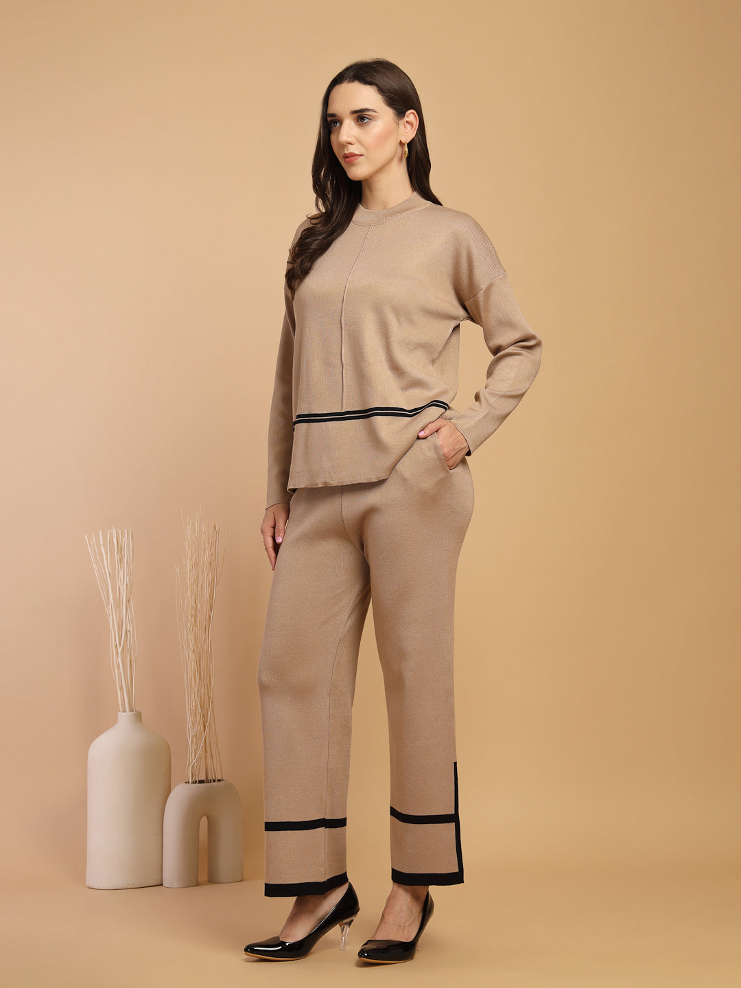 Beige & Black Regular Fit Co-ord Set For Gipsy Woman Stylish and Cozy Winter Collection