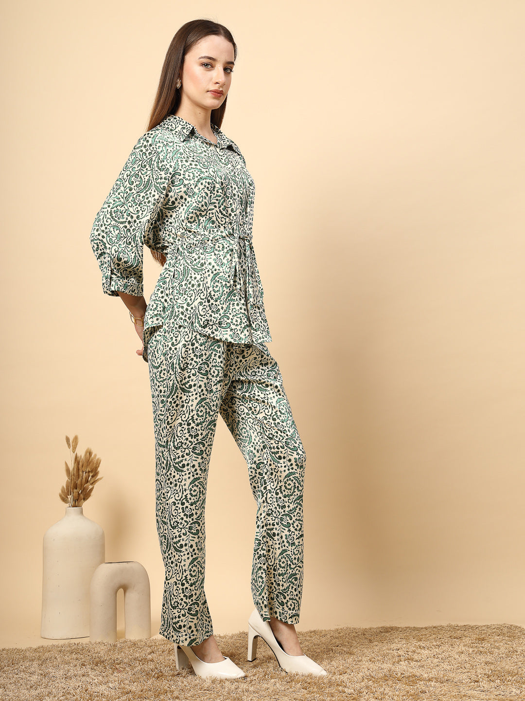 Gipsy Chic Green Co-Ord Set with Printed Fabric, Shine Button Details, and Front Knot
