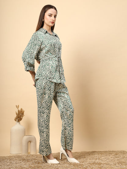 Gipsy Chic Green Co-Ord Set with Printed Fabric, Shine Button Details, and Front Knot