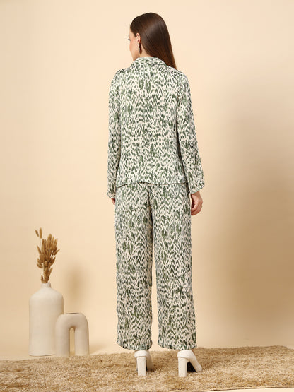 Green Co-Ord Set with Printed Fabric and Fancy Button