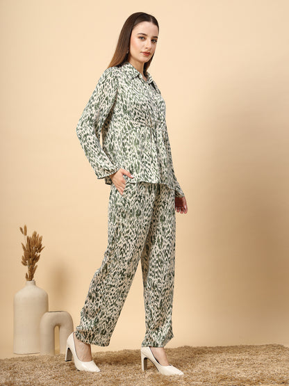 Green Co-Ord Set with Printed Fabric and Fancy Button