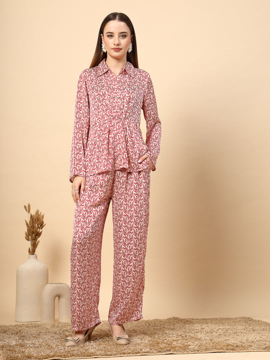 Red Co-Ord Set with Printed Fabric and Fancy Button