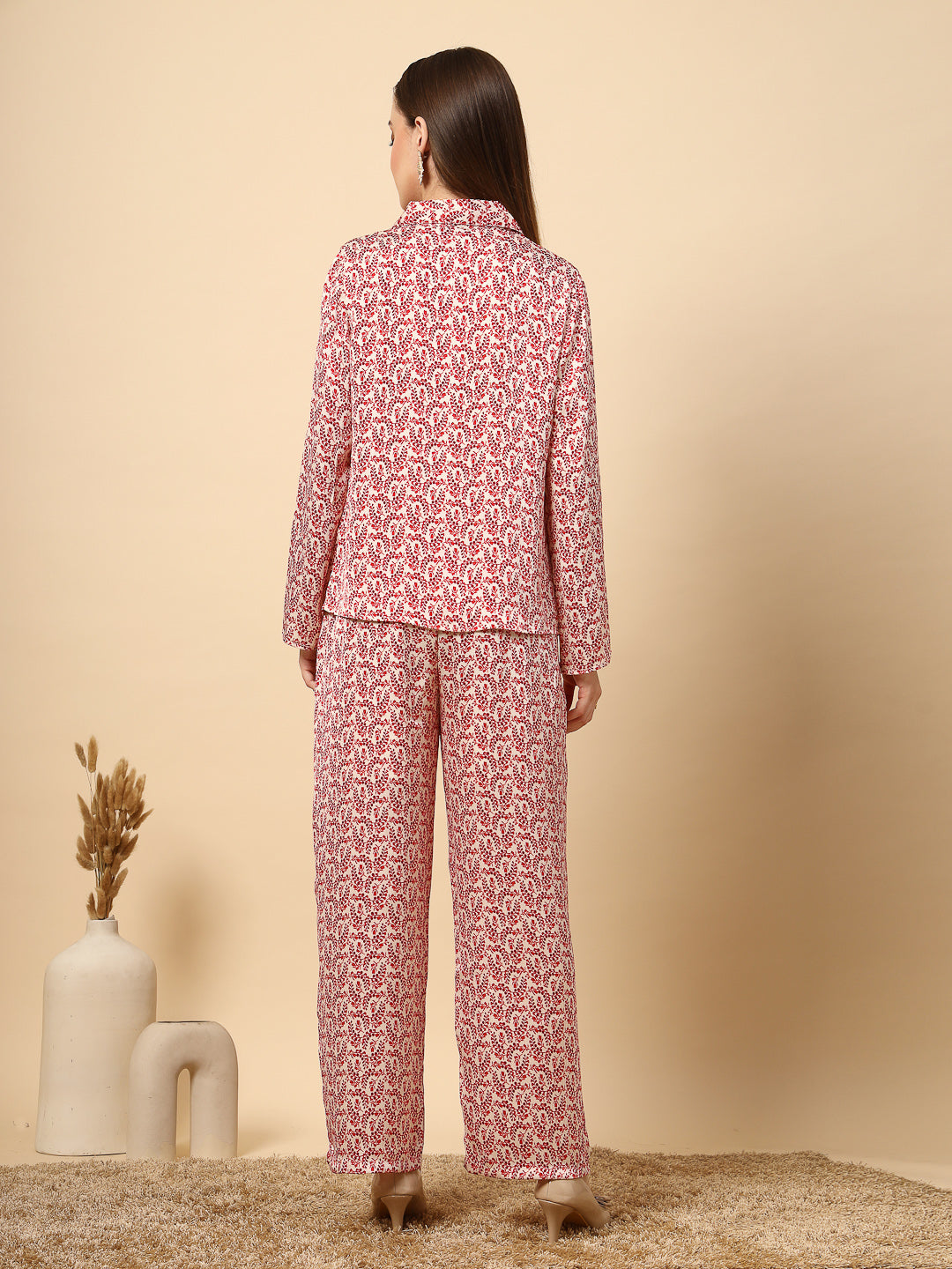 Red Co-Ord Set with Printed Fabric and Fancy Button
