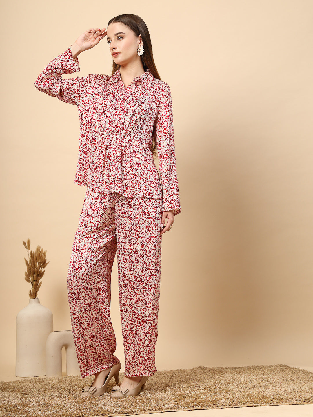 Red Co-Ord Set with Printed Fabric and Fancy Button